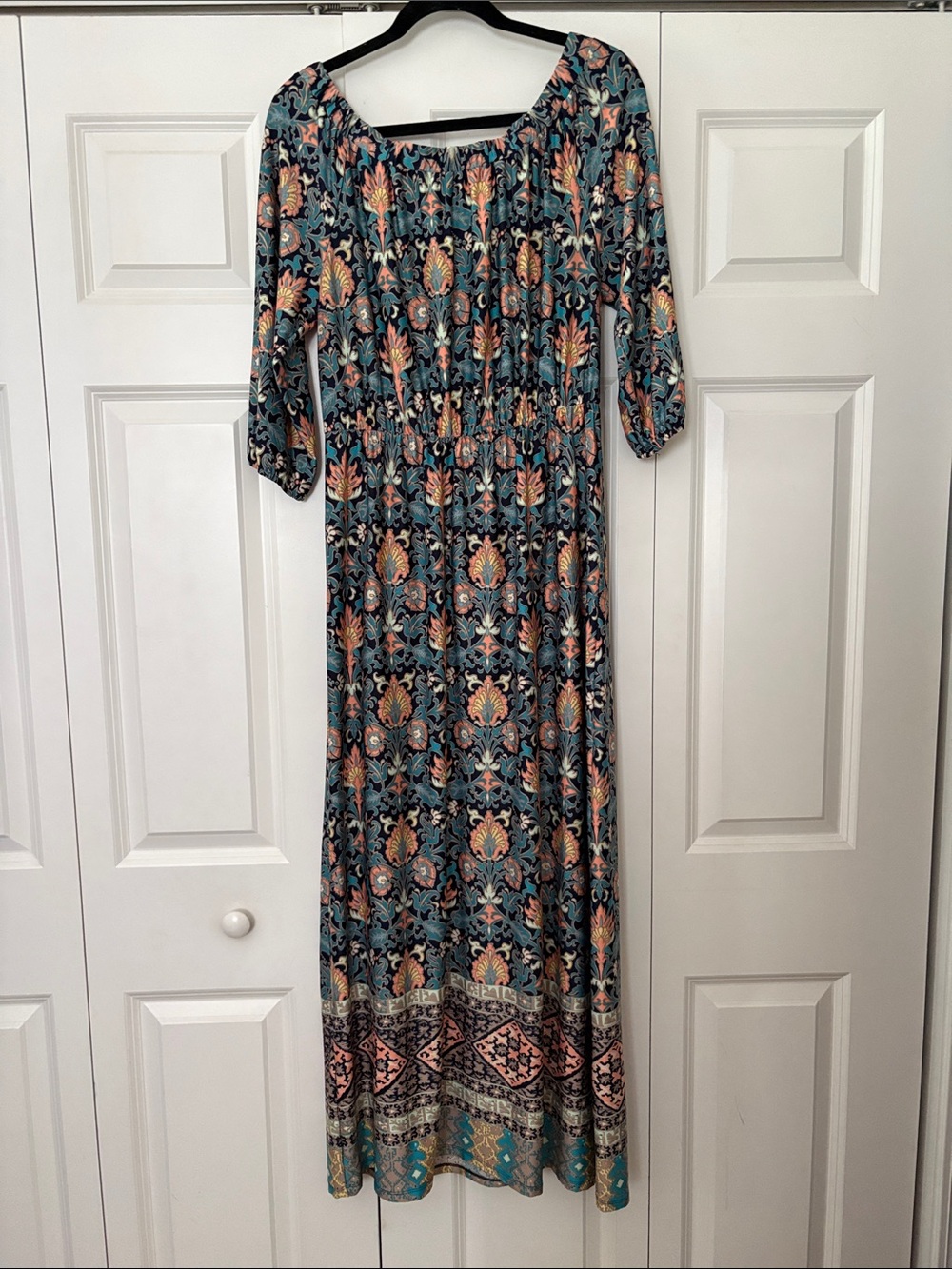 Tacera Teal and Peach Patterned Maxi Dress